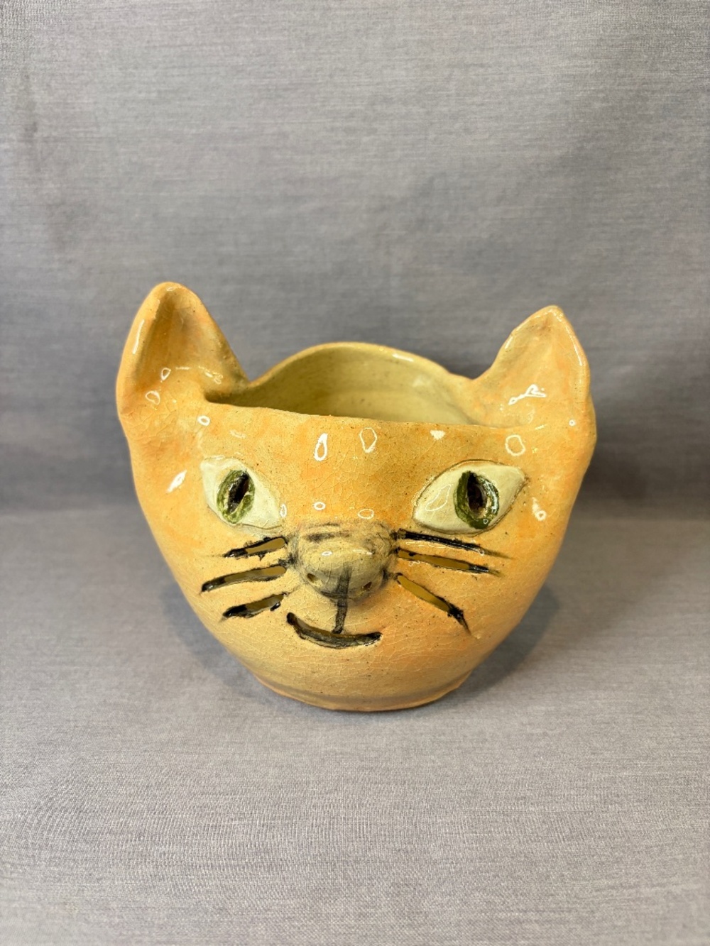 Folk Art Cat Pottery Tealight Candle Holder Trinket Dish Bowl Handmade
